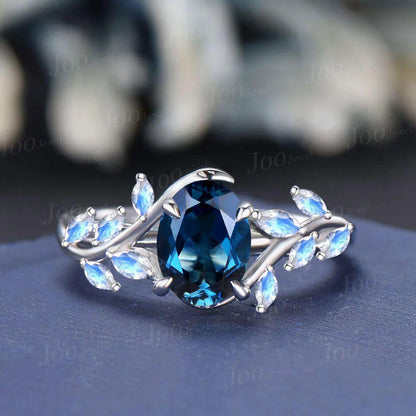 2ct Emerald Cut Natural London Blue Topaz Wedding Ring 14K White Gold Cluster Moonstone Leaf Promise Ring December Birthstone Birthday Gifts