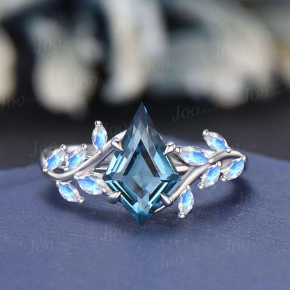2ct Emerald Cut Natural London Blue Topaz Wedding Ring 14K White Gold Cluster Moonstone Leaf Promise Ring December Birthstone Birthday Gifts