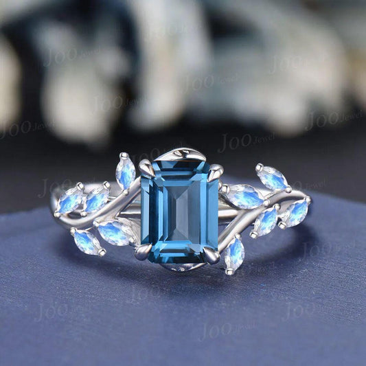 2ct Emerald Cut Natural London Blue Topaz Wedding Ring 14K White Gold Cluster Moonstone Leaf Promise Ring December Birthstone Birthday Gifts