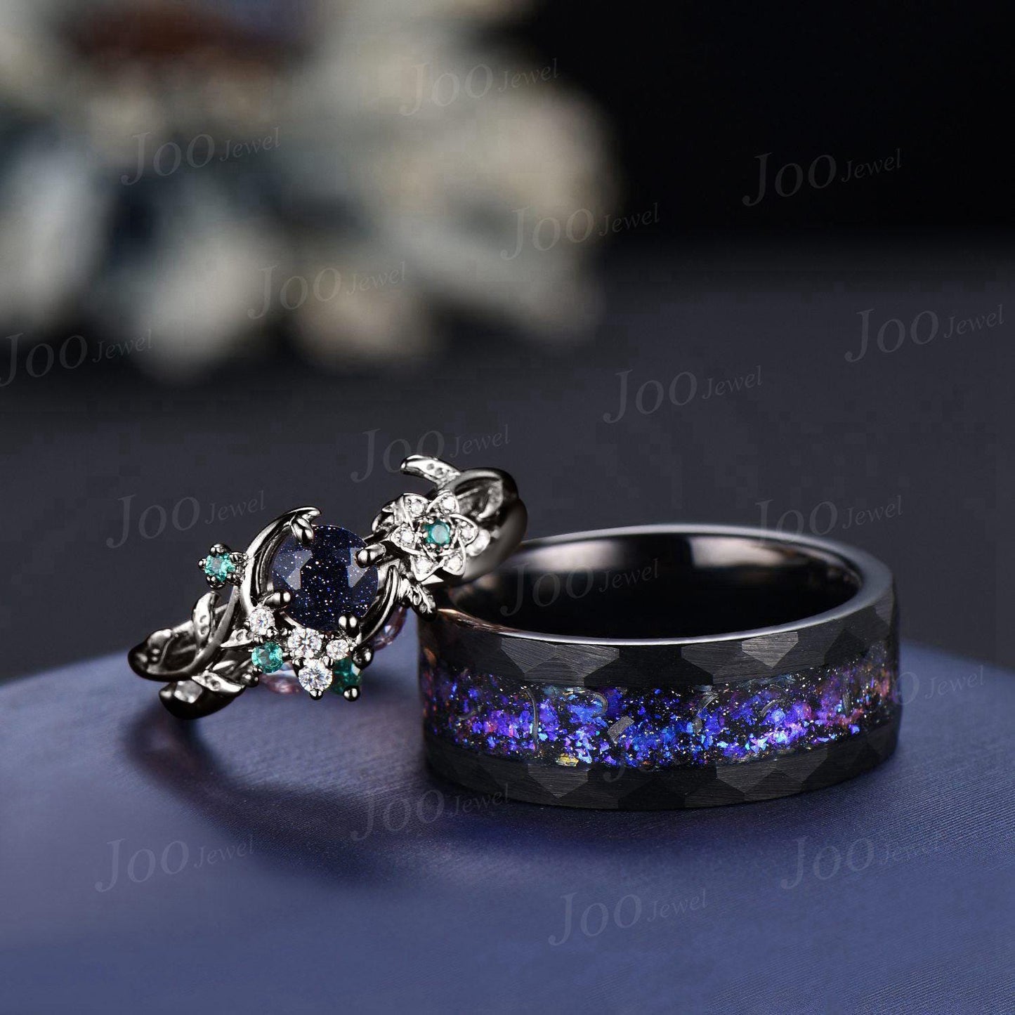Galaxy Couple Ring Set Nature Inspired His and Her Black Wedding Ring Set No-Fading Tungsten Matching Rings for Men Women Moon Promise Ring