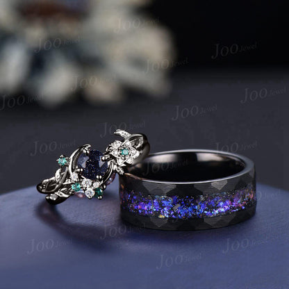Galaxy Couple Ring Set Nature Inspired His and Her Black Wedding Ring Set No-Fading Tungsten Matching Rings for Men Women Moon Promise Ring
