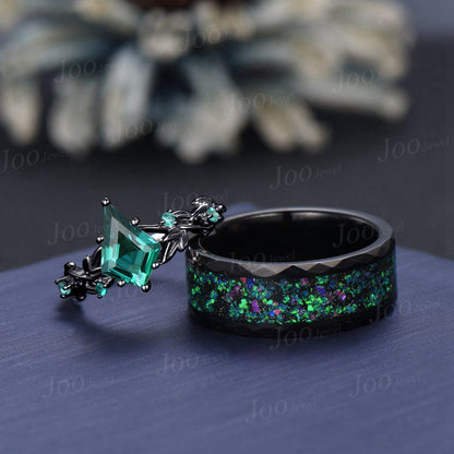 Green Emerald Couple Ring Set Kite Cut Emerald Leaf Vine Ring Yellow Gold Matching Ring Set His and Hers Goth Wedding Band Anniversary Gifts