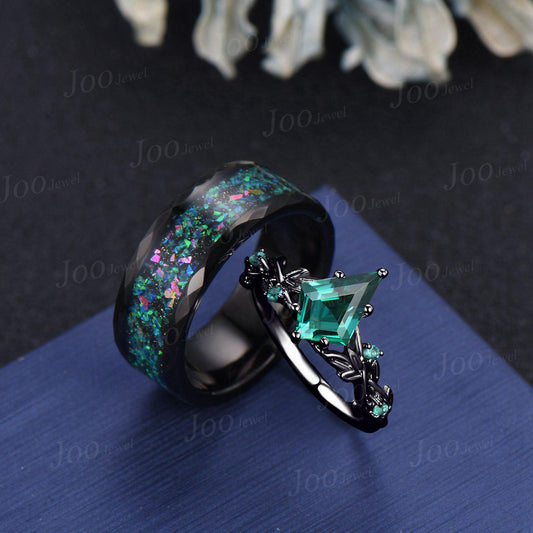 Green Emerald Couple Ring Set Kite Cut Emerald Leaf Vine Ring Yellow Gold Matching Ring Set His and Hers Goth Wedding Band Anniversary Gifts