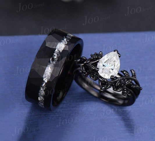 Pear Cut Moissanite and Meteorite Couples Ring Set- His and Hers Black Wedding Band Sterling Silver Matching Band Gothic Couple Promise Ring