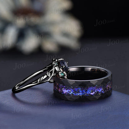 Galaxy Nebula Couple Ring Set Crescent Moon Leaf Vine Pear Cut Blue Goldstone Ring His and Hers Wedding Band Tungsten Matching Ring for Men