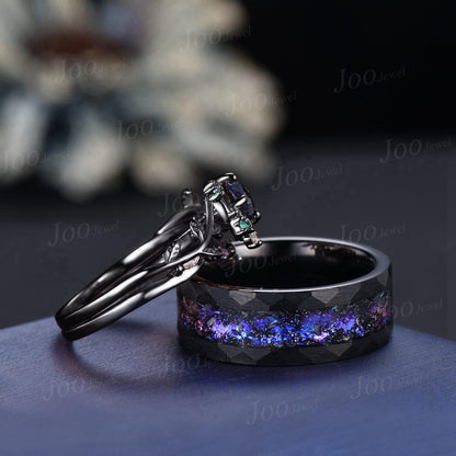 2pcs Galaxy Nebula Couple Ring Set Nature Inspired Pear Blue Sandstone Ring His and Hers Foil Wedding Ring Mens Black Tungsten Matching Ring