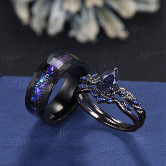 2pcs Galaxy Nebula Couple Ring Set Nature Inspired Pear Blue Sandstone Ring His and Hers Foil Wedding Ring Mens Black Tungsten Matching Ring
