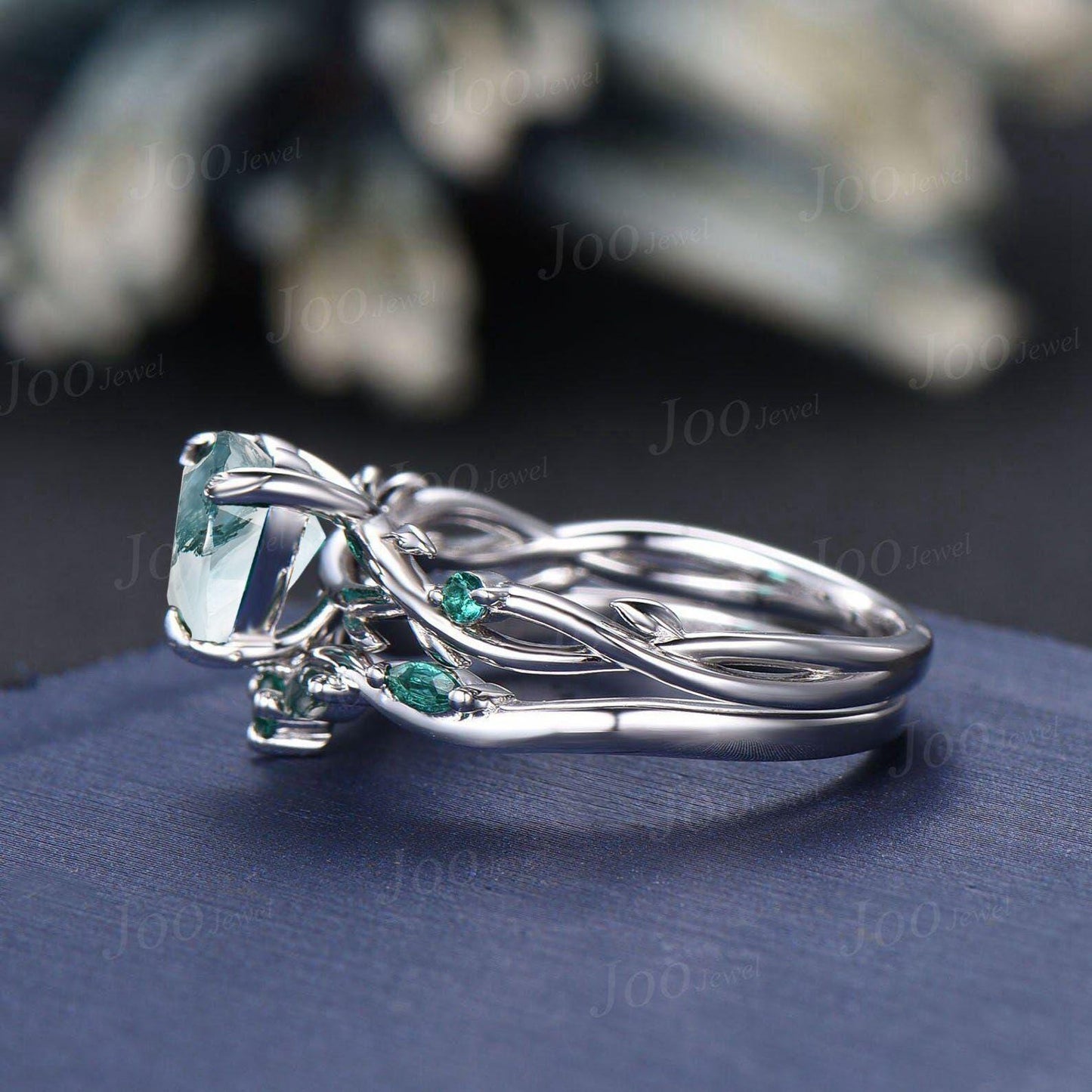 Twig Vine Heart Cut Natural Green Moss Agate Engagement Ring Set Emerald Heart Wedding Ring Set for Women Sterling Silver Jewelry Gifts