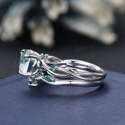 Twig Vine Heart Cut Natural Green Moss Agate Engagement Ring Set Emerald Heart Wedding Ring Set for Women Sterling Silver Jewelry Gifts