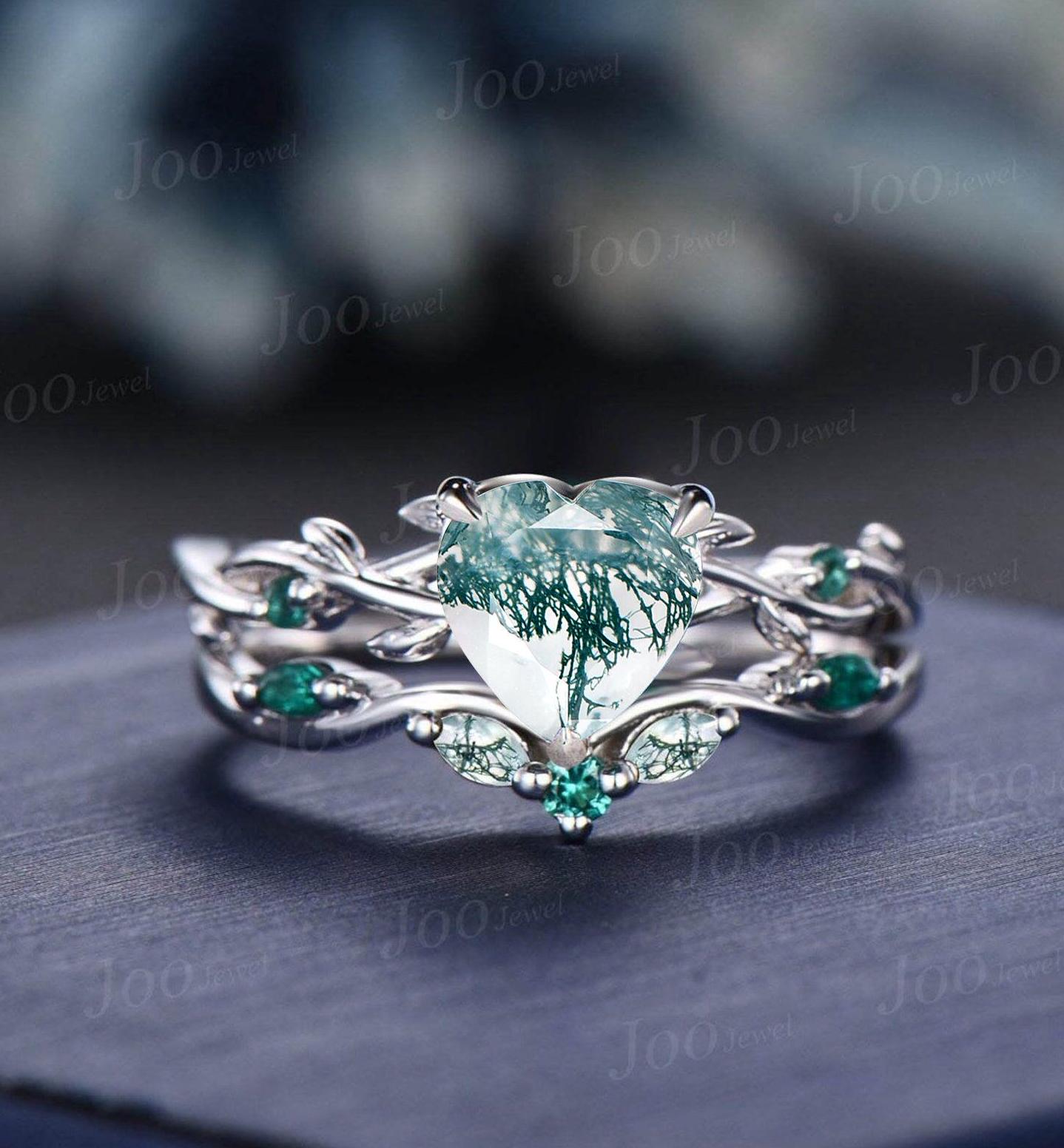 Twig Vine Heart Cut Natural Green Moss Agate Engagement Ring Set Emerald Heart Wedding Ring Set for Women Sterling Silver Jewelry Gifts