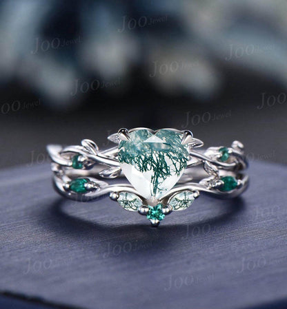 Twig Vine Heart Cut Natural Green Moss Agate Engagement Ring Set Emerald Heart Wedding Ring Set for Women Sterling Silver Jewelry Gifts