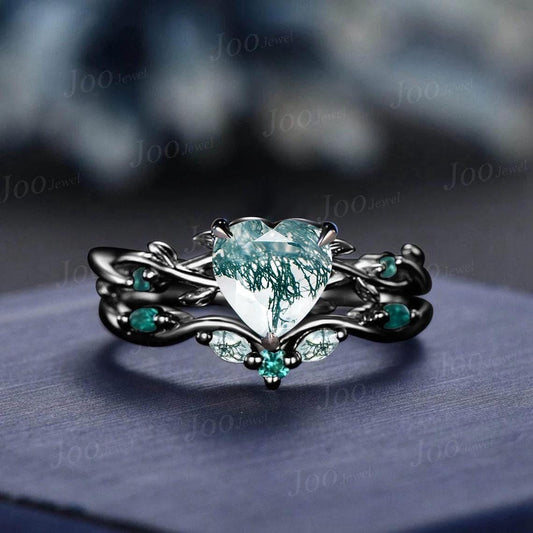 Twig Vine Heart Cut Natural Green Moss Agate Engagement Ring Set Emerald Heart Wedding Ring Set for Women Sterling Silver Jewelry Gifts