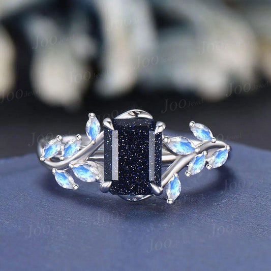 2ct Emerald Cut Galaxy Night Court Blue Sandstone Moonstone Wedding Ring Vintage Sterling Silver Cluster Leaf Vine Engagement Ring for Women