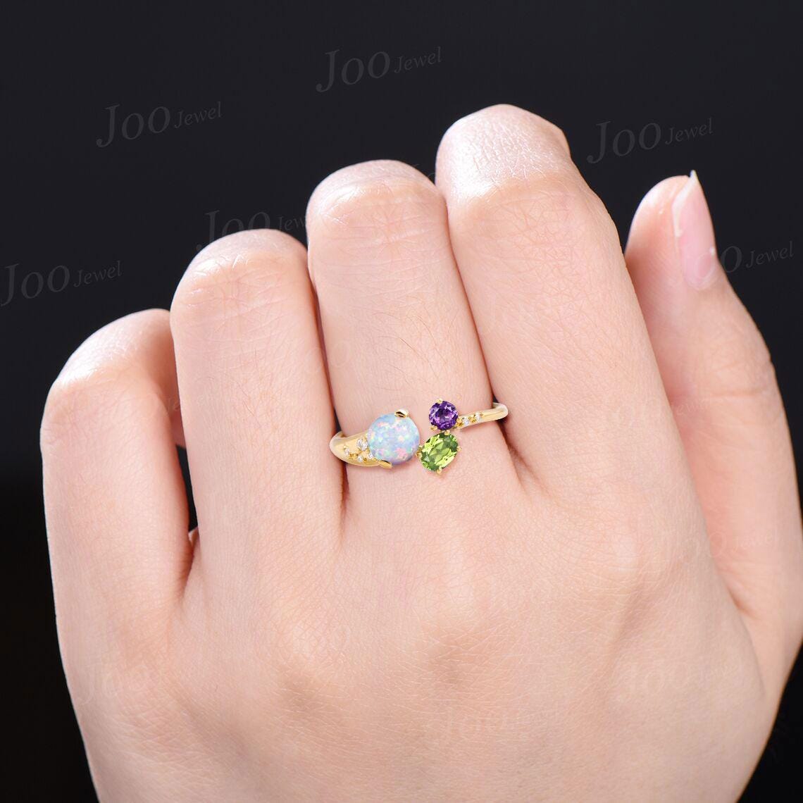 Round Opal Amethyst Peridot Toi et Moi Birthstone Ring Dainty Multi-Stone Wedding Ring Art Deco Dome Ring Unique Gifts for Friend/Family/Mom