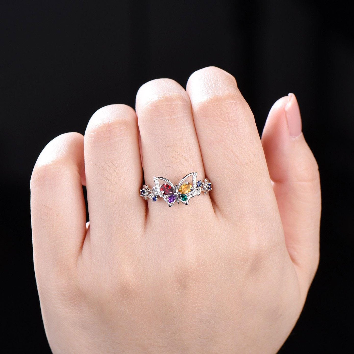 Nature Inspired Teardrop Ruby Citrine Butterfly Wedding Ring 14K White Gold Multi-Birthstone Ring Unique Mom Family Dainty Ring For Grandmas