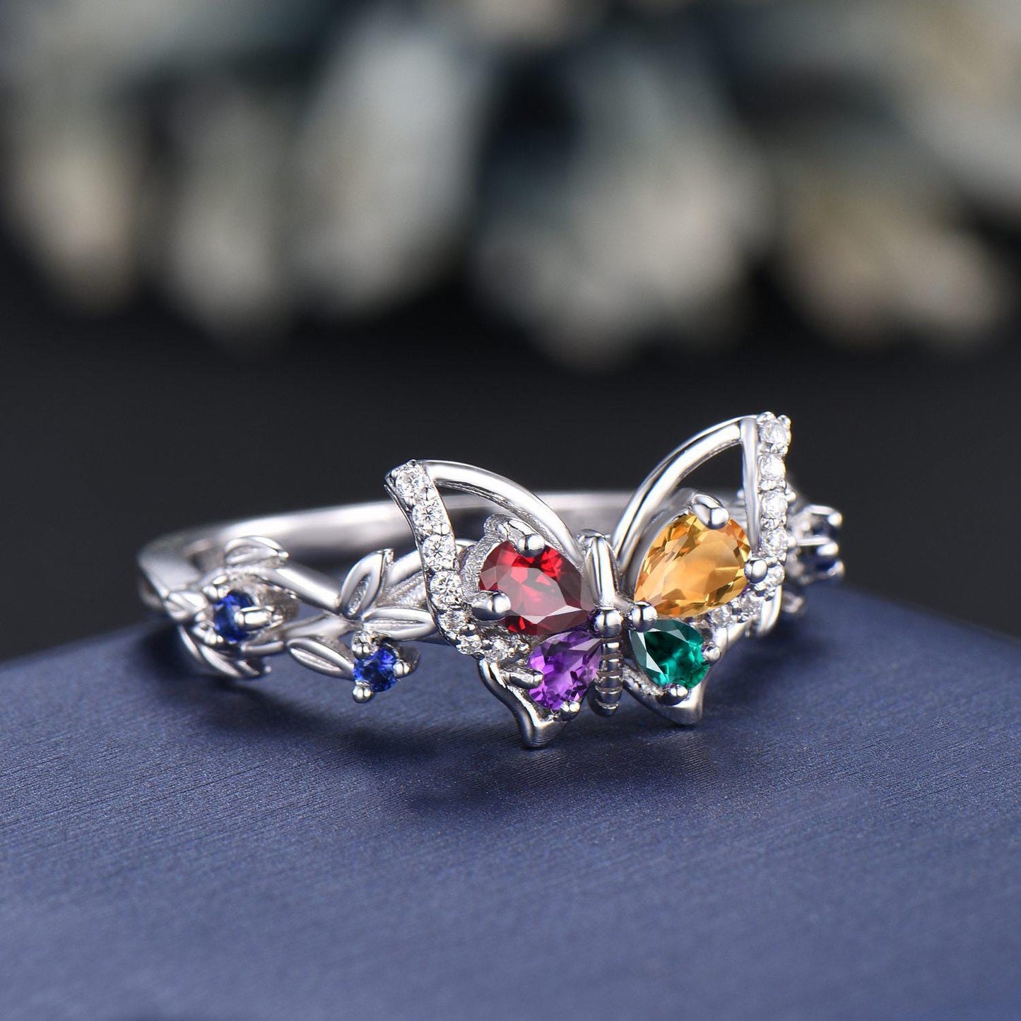Nature Inspired Teardrop Ruby Citrine Butterfly Wedding Ring 14K White Gold Multi-Birthstone Ring Unique Mom Family Dainty Ring For Grandmas