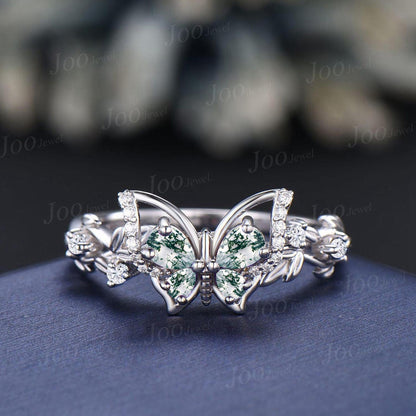 Natural Green Moss Agate Butterfly Engagement Ring Pear Moss Agate Wedding Ring Fantasy Leaf Vine Bridal Set Butterfly Nature Wedding rings