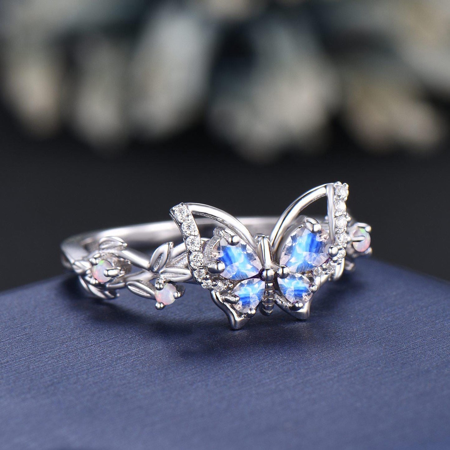 Teardrop Cut Natural Moonstone Butterfly Wedding Ring Vintage 14K White Gold Leaf Vine Twisted Opal Band June Birthstone Gifts For Women