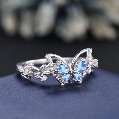 Teardrop Cut Natural Moonstone Butterfly Wedding Ring Vintage 14K White Gold Leaf Vine Twisted Opal Band June Birthstone Gifts For Women