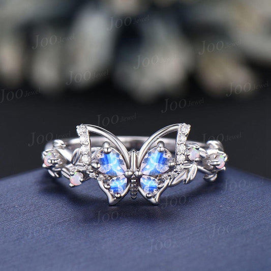 Teardrop Cut Natural Moonstone Butterfly Wedding Ring Vintage 14K White Gold Leaf Vine Twisted Opal Band June Birthstone Gifts For Women