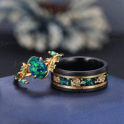 1.5ct Oval Cut Black Opal Emerald Leaf Couples Ring Set- His and Hers Meteorite Wedding Band- Yellow Gold Bridal Ring/Tungsten Matching Ring