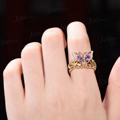 Natural Teardrop Amethyst Diamond Butterfly Flower Engagement Ring in 14K Yellow Gold Filigree Hollow Vintage Fantasy Butterfly Wedding Ring