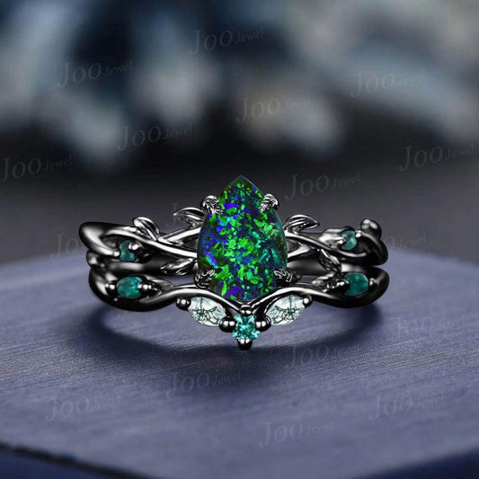 1.25ct Pear Cut Black Opal Bridal Set Vintage Green Emerald Moss Agate Wedding Band Black Gold Engagement Rings Set Twig Vine Wedding Ring