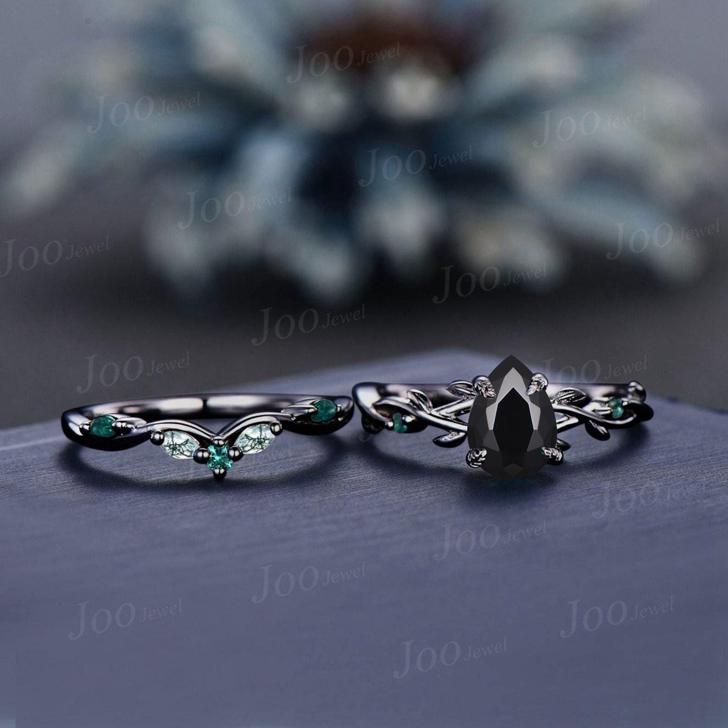 Pear Cut Natural Black Onyx Engagement Ring Black Gold Ring Twisted Vine Emerald Agate Wedding Ring Nature Inspired Ring Bridal Promise Ring