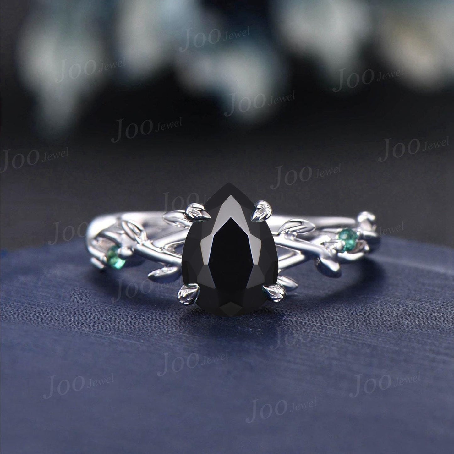 Pear Cut Natural Black Onyx Engagement Ring Black Gold Ring Twisted Vine Emerald Agate Wedding Ring Nature Inspired Ring Bridal Promise Ring