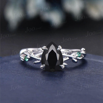 Pear Cut Natural Black Onyx Engagement Ring Black Gold Ring Twisted Vine Emerald Agate Wedding Ring Nature Inspired Ring Bridal Promise Ring