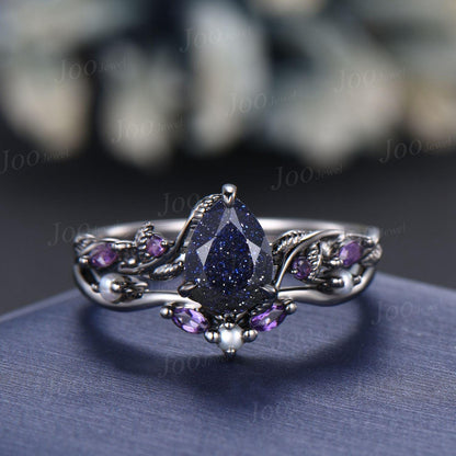 Nature Inspired Pear Galaxy Blue Sandstone Pearl Bridal Set 14k black gold Unique Twig Vine Teardrop Blue Stone Engagement Ring Ring Women