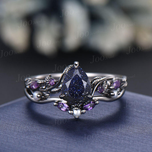 Nature Inspired Pear Galaxy Blue Sandstone Pearl Bridal Set 14k black gold Unique Twig Vine Teardrop Blue Stone Engagement Ring Ring Women