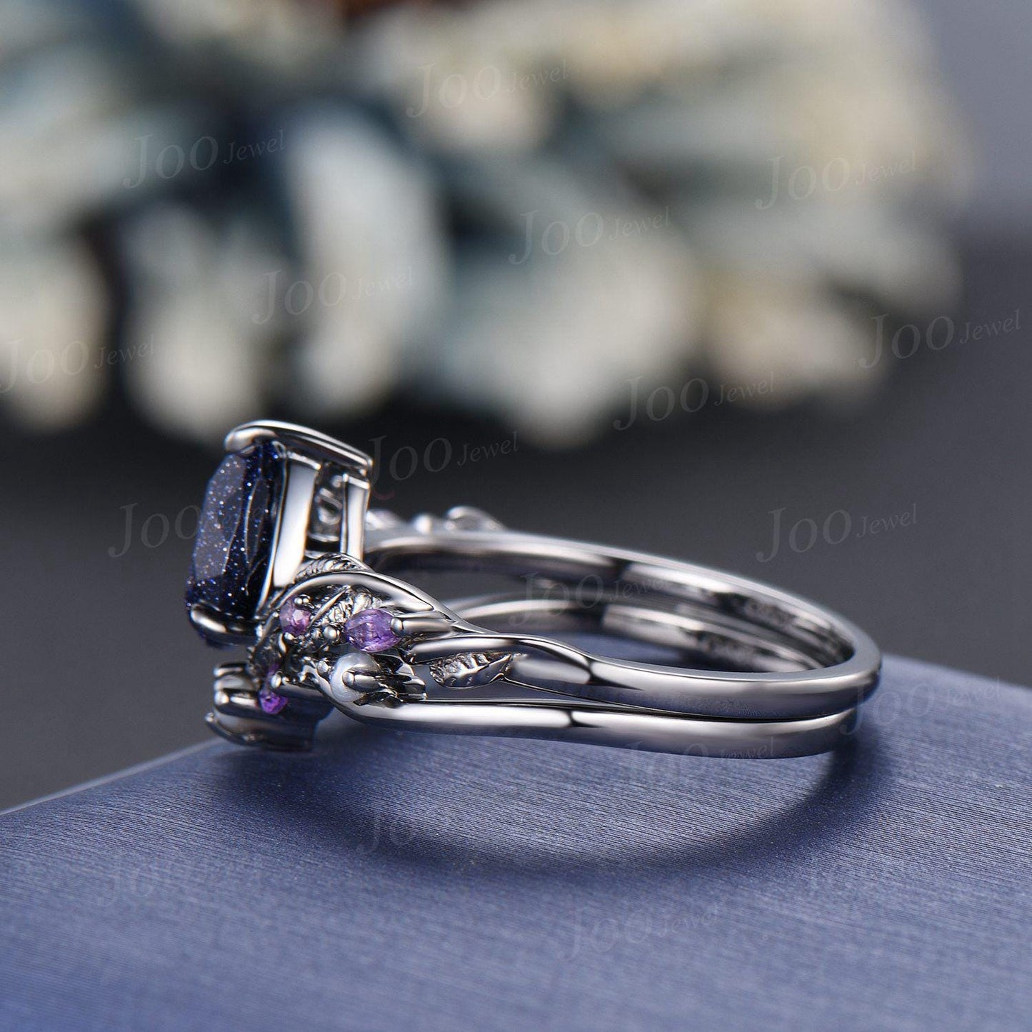 Nature Inspired Pear Galaxy Blue Sandstone Pearl Bridal Set 14k black gold Unique Twig Vine Teardrop Blue Stone Engagement Ring Ring Women
