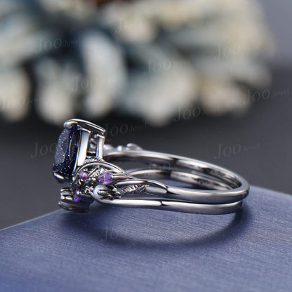 Nature Inspired Pear Galaxy Blue Sandstone Pearl Bridal Set 14k black gold Unique Twig Vine Teardrop Blue Stone Engagement Ring Ring Women