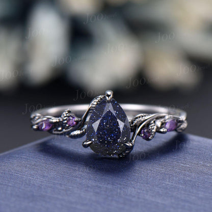 Nature Inspired Pear Galaxy Blue Sandstone Pearl Bridal Set 14k black gold Unique Twig Vine Teardrop Blue Stone Engagement Ring Ring Women