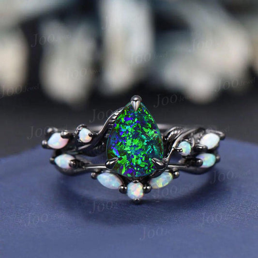 1.25ct Pear Black Opal Wedding Ring Set 10K Black Gold Branch Vine Black Engagement Ring Antique Fire Opal Ring for Women Black Bridal Ring