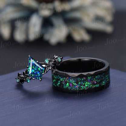 Black Opal Leaf Couples Ring Set -Men Tungsten Wedding Band-His and Hers Gothic Wedding Ring - Vintage Matching Nature Inspired Promise Ring
