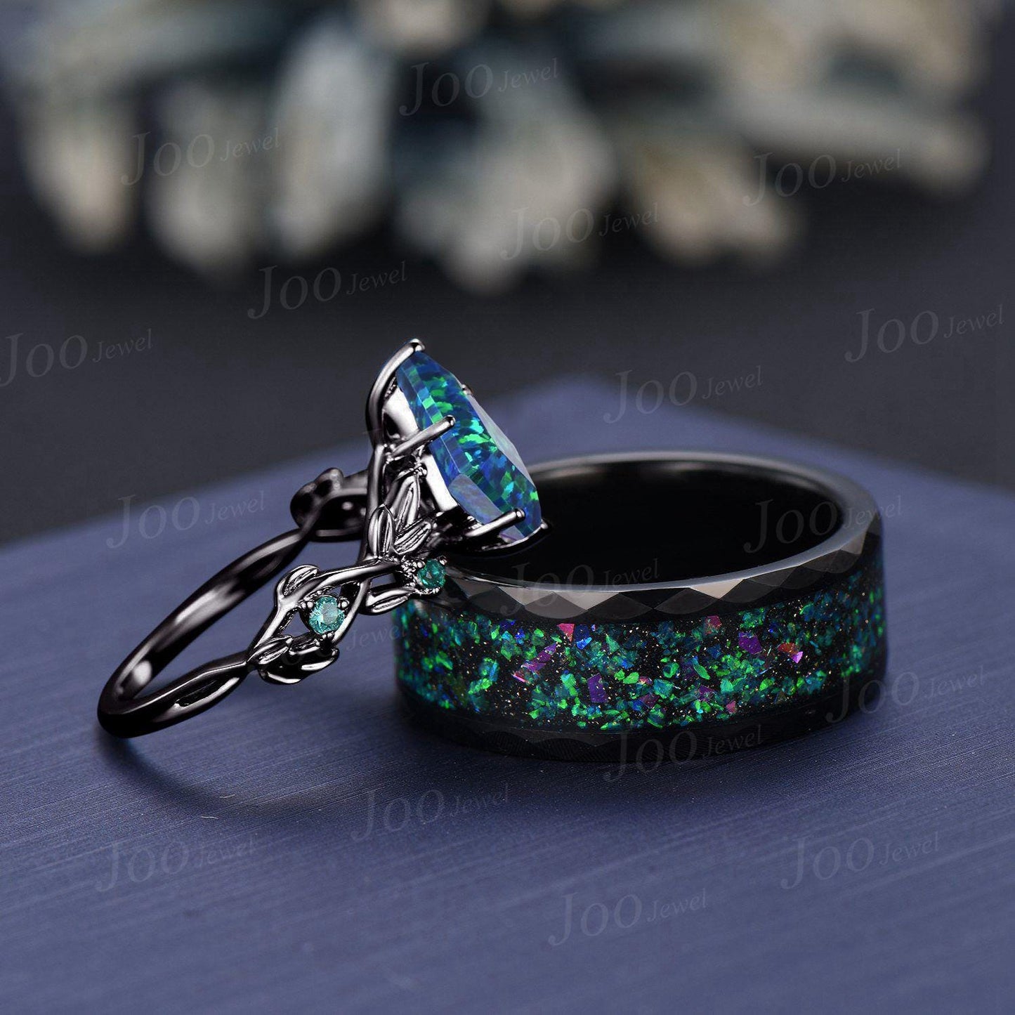 Black Opal Leaf Couples Ring Set -Men Tungsten Wedding Band-His and Hers Gothic Wedding Ring - Vintage Matching Nature Inspired Promise Ring