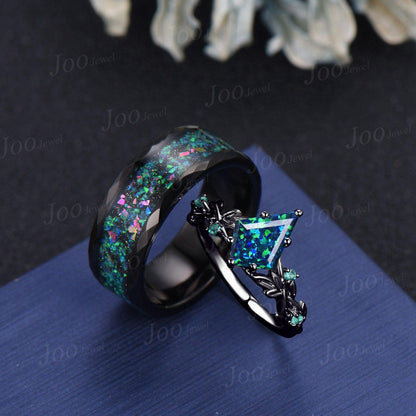 Black Opal Leaf Couples Ring Set -Men Tungsten Wedding Band-His and Hers Gothic Wedding Ring - Vintage Matching Nature Inspired Promise Ring