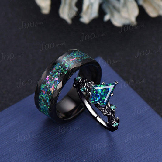 Black Opal Leaf Couples Ring Set -Men Tungsten Wedding Band-His and Hers Gothic Wedding Ring - Vintage Matching Nature Inspired Promise Ring
