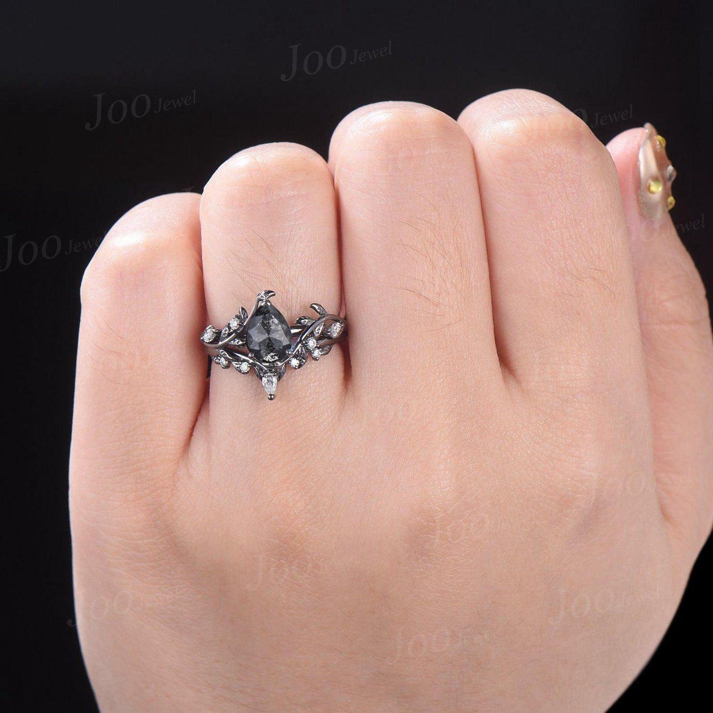 1.25ct Pear Cut Natural Salt and Pepper Diamond Wedding Ring | Nature-Inspired Leaf Band | Unique Rustic Engagement Ring Teardrop Bridal Set