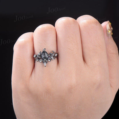 1.25ct Pear Cut Natural Salt and Pepper Diamond Wedding Ring | Nature-Inspired Leaf Band | Unique Rustic Engagement Ring Teardrop Bridal Set