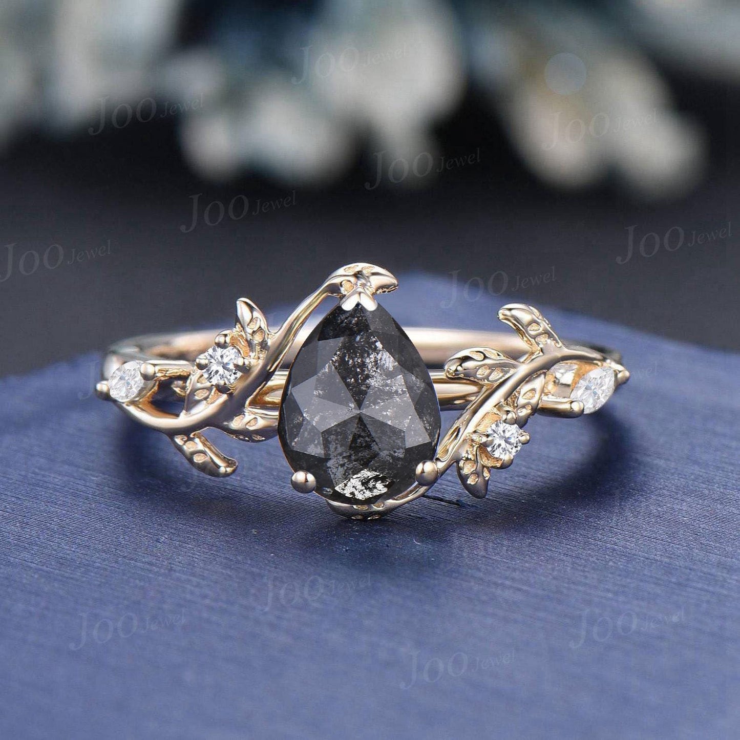 1.25ct Pear Cut Natural Salt and Pepper Diamond Wedding Ring | Nature-Inspired Leaf Band | Unique Rustic Engagement Ring Teardrop Bridal Set
