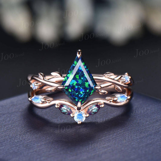 Unique 1ct Kite Cut Black Opal Bridal Set Vintage Color-Change Alexandrite Moonstone Rose Gold Engagement Rings Set Twig Vine Wedding Ring