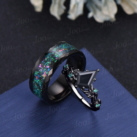 Natural Kite Black Onyx Tungsten Wedding Ring Set Men Green Emerald Couple Promise Rings Marriage Anniversary Gift Outer Space Galaxy Band