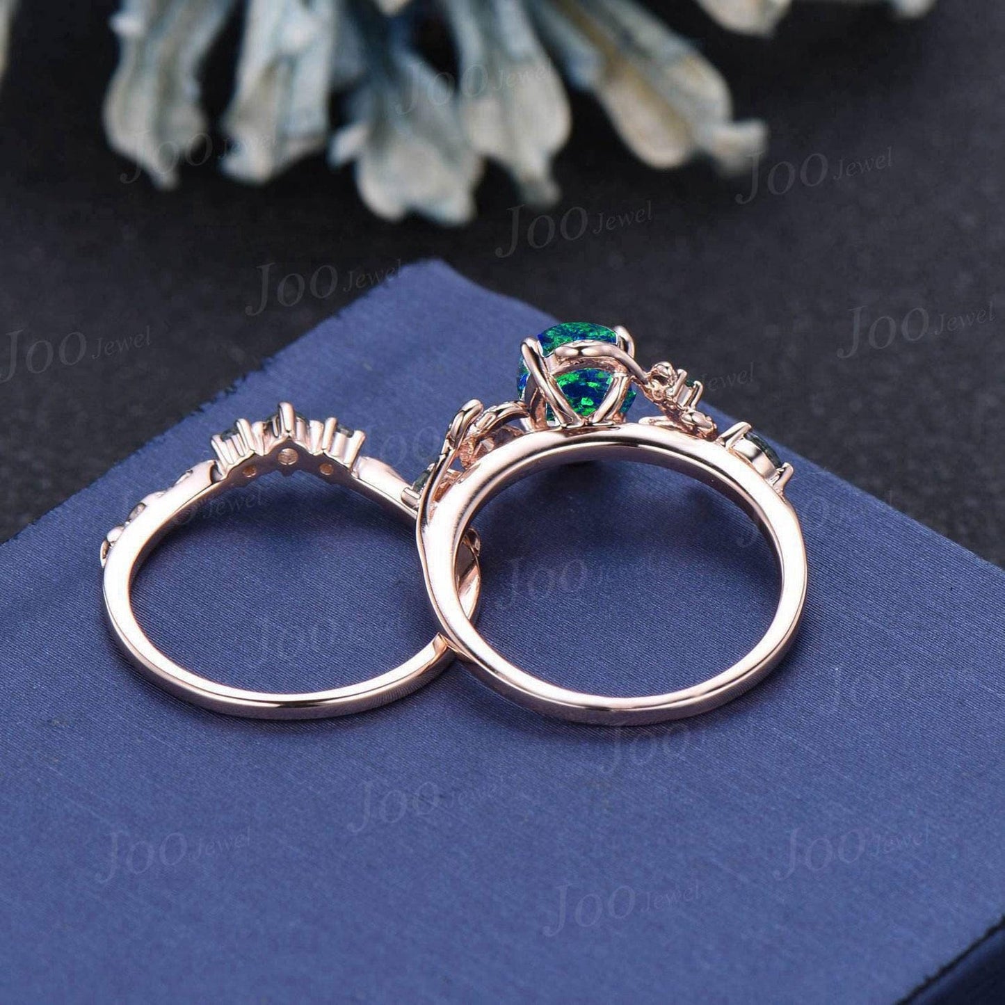 1.5ct Oval Galaxy Black Opal Emerald Bridal Set Vintage 14K Rose Gold Family Stone Jewelry Anniversary Gift Twig Vine Cluster Wedding Ring