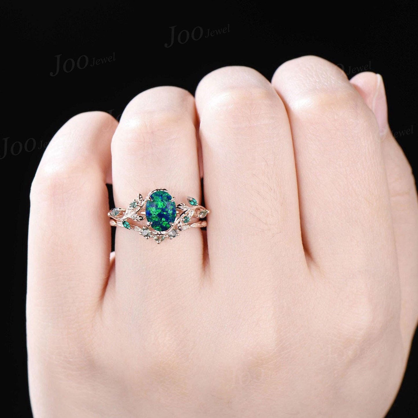 1.5ct Oval Galaxy Black Opal Emerald Bridal Set Vintage 14K Rose Gold Family Stone Jewelry Anniversary Gift Twig Vine Cluster Wedding Ring