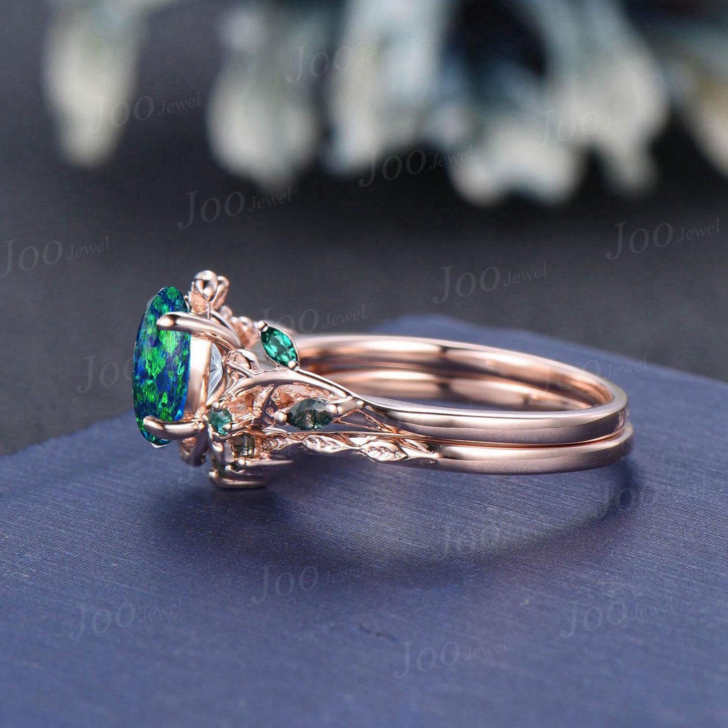 1.5ct Oval Galaxy Black Opal Emerald Bridal Set Vintage 14K Rose Gold Family Stone Jewelry Anniversary Gift Twig Vine Cluster Wedding Ring