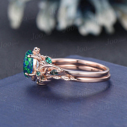 1.5ct Oval Galaxy Black Opal Emerald Bridal Set Vintage 14K Rose Gold Family Stone Jewelry Anniversary Gift Twig Vine Cluster Wedding Ring