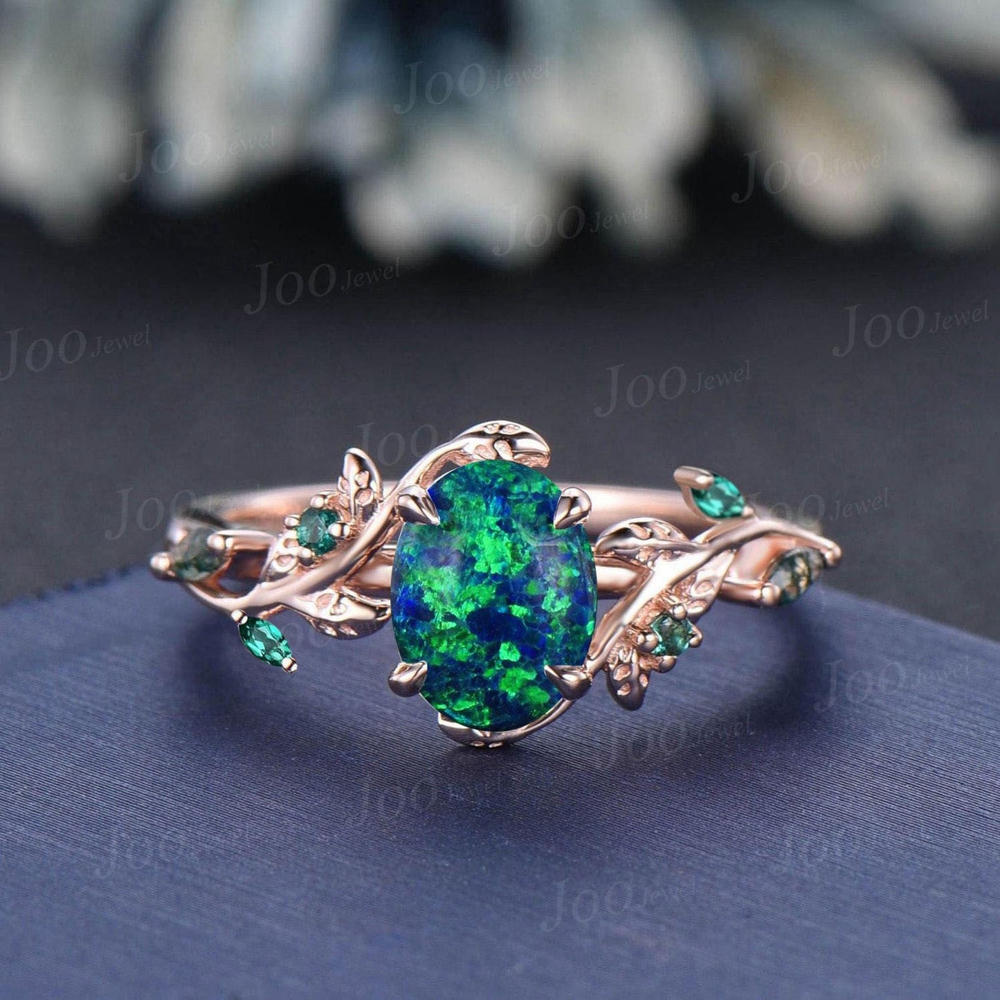 1.5ct Oval Galaxy Black Opal Emerald Bridal Set Vintage 14K Rose Gold Family Stone Jewelry Anniversary Gift Twig Vine Cluster Wedding Ring